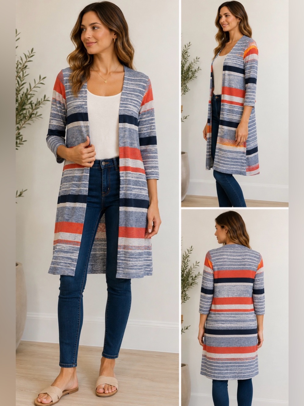 Ginger G duster, sweater light blue, orange, white & dark blues size S